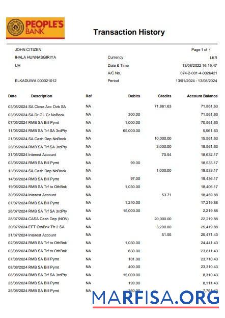 Downloadable Sri Lanka People's bank statement word example
